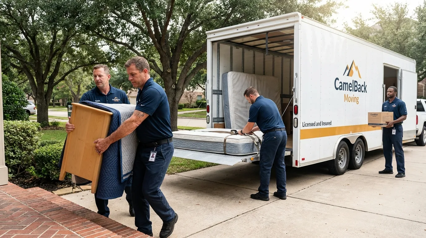 Crew loading residential truck for cross-state move from Iowa Park, TX