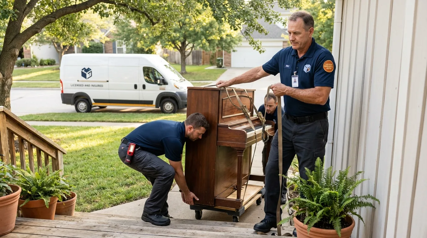 Licensed piano movers securing grand piano in Iowa Park, TX