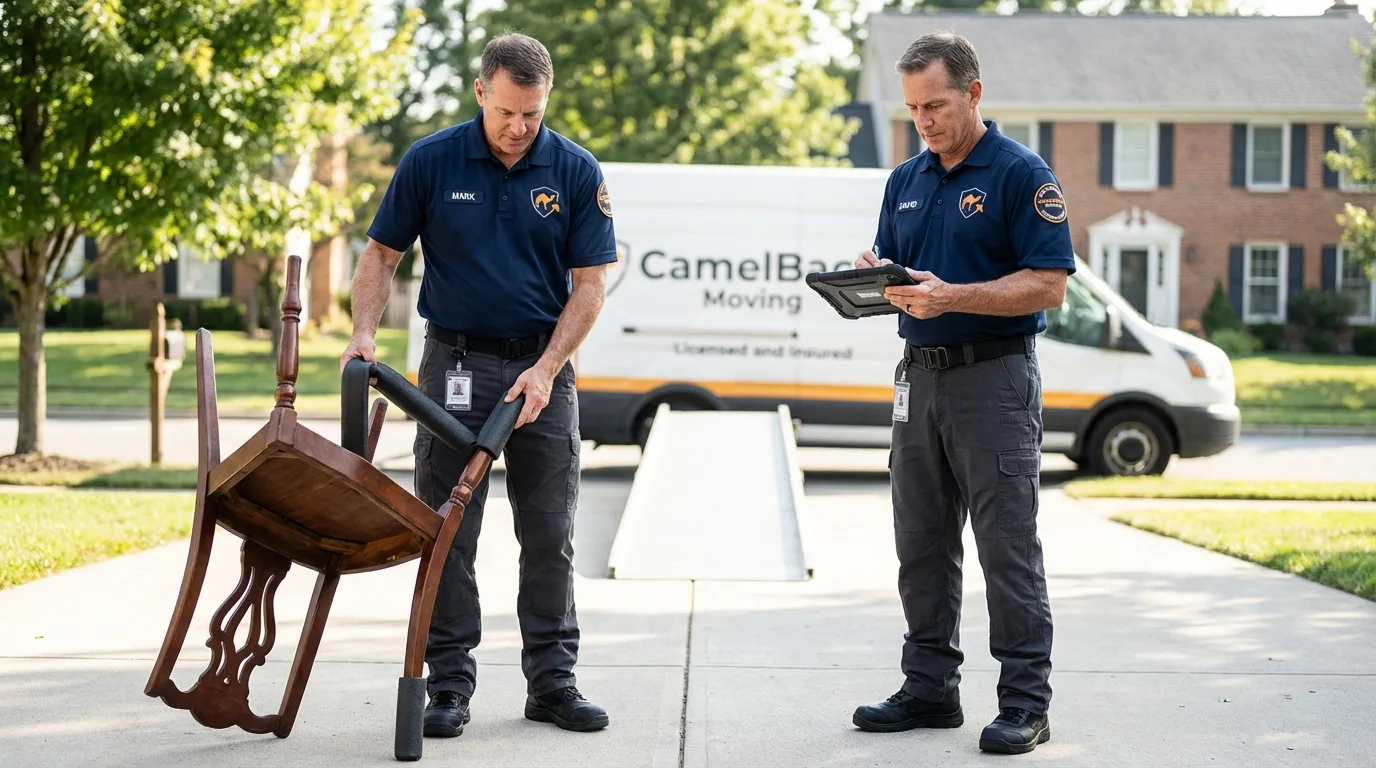Movers inspecting furniture for damage prevention before loading in Iowa Park, TX